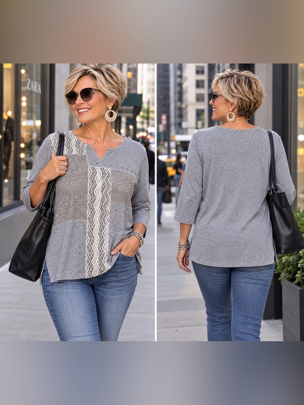 Alfred Dunner Petite Large Gray Lace Detail Top 3/4 Sleeve